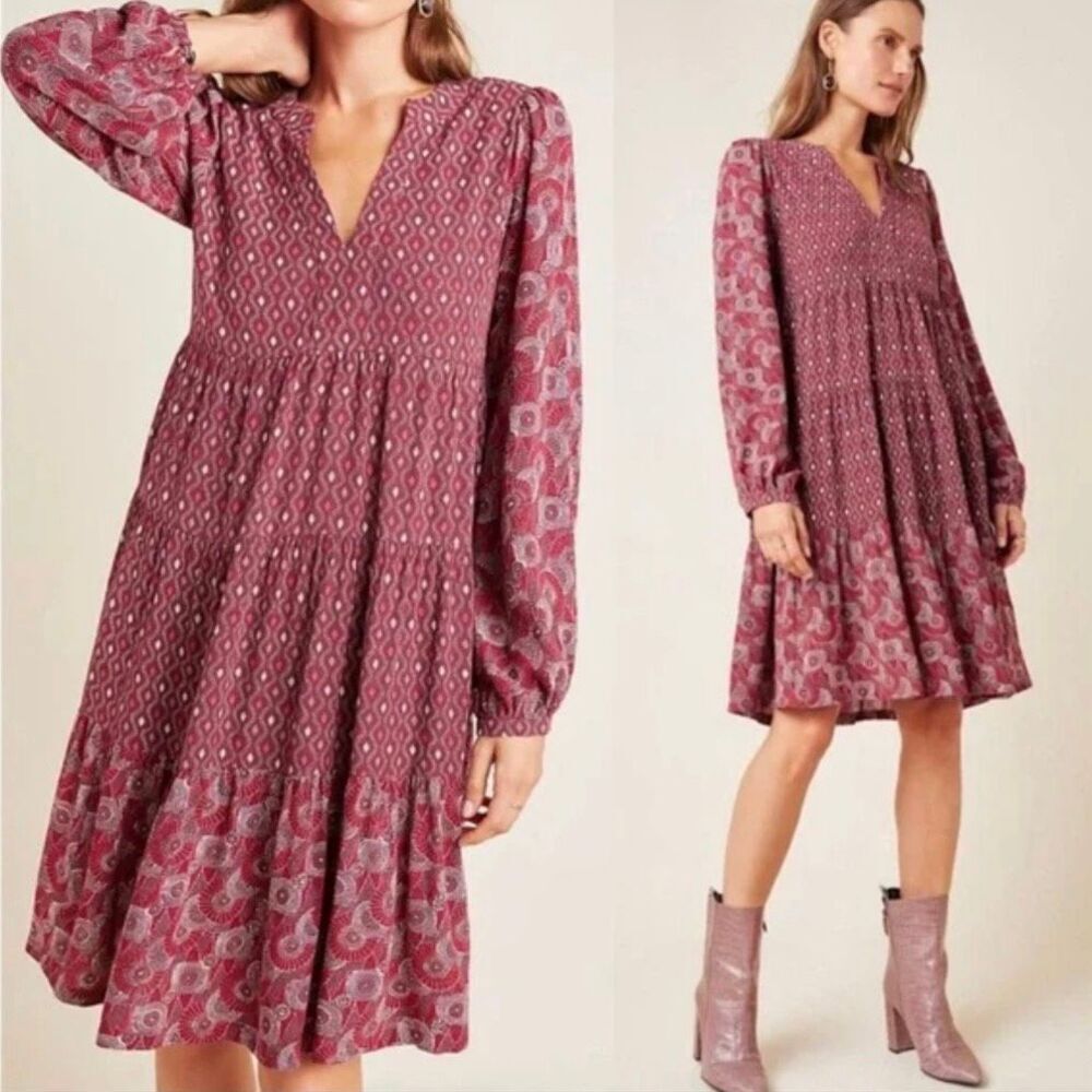 MAEVE x ANTHROPOLOGIE | Tiered Dress Amber Burgundy Red Off White Boho | Large